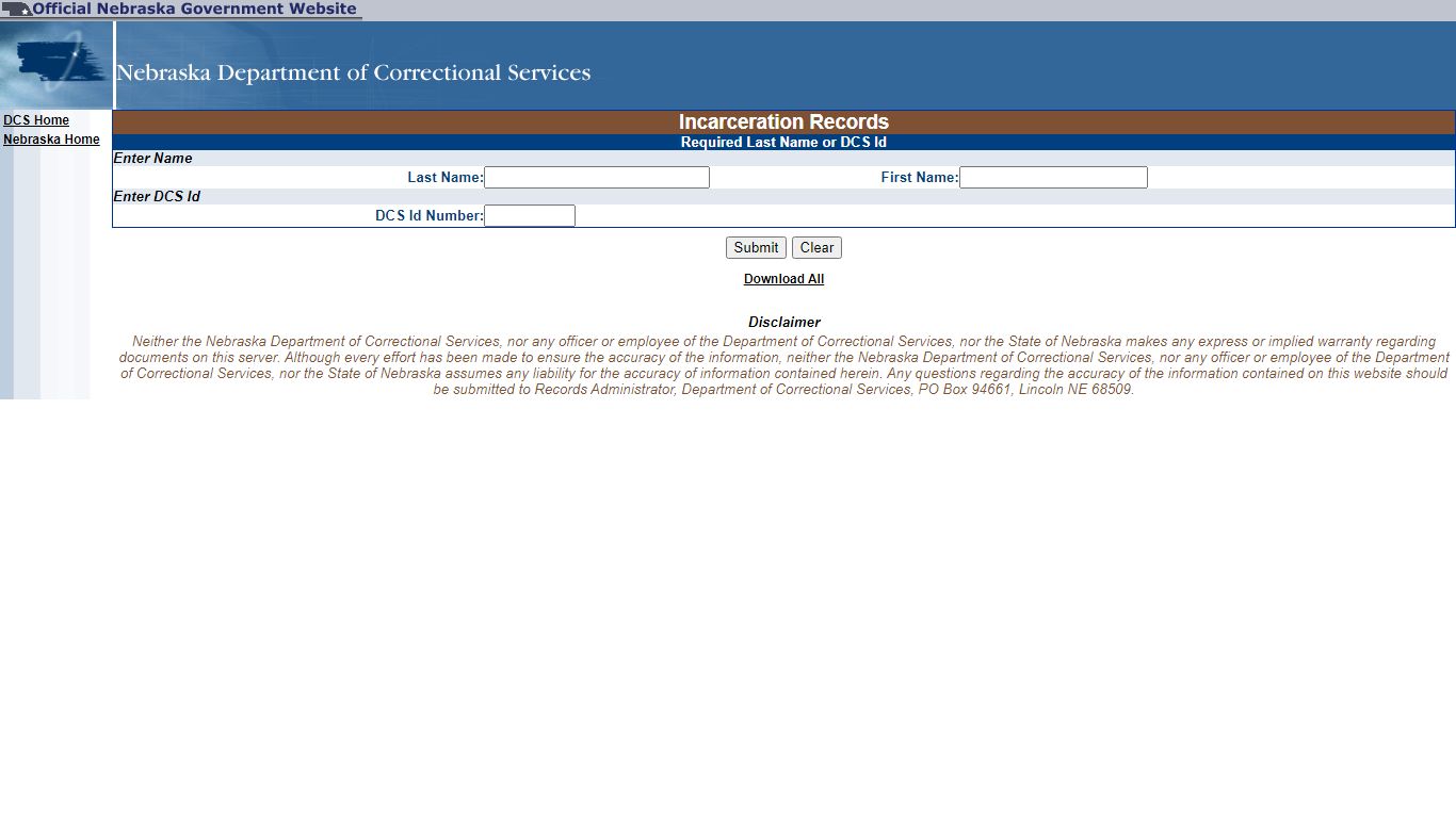 Incarceration Record Search - Nebraska